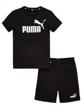 Boys, Puma Essentials 2 Piece Childrens Logo T-Shirt and Woven Shorts Set - Black, Size 9-10 Years