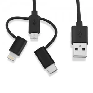 V7 Black USB Cable USB 2.0 A Male to Micro USB Male Lightning Male USB-C Male 1m 3.3ft