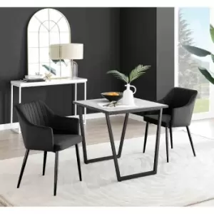 Furniture Box Carson White Marble Effect Square Dining Table and 2 Black Calla Black Leg Chairs