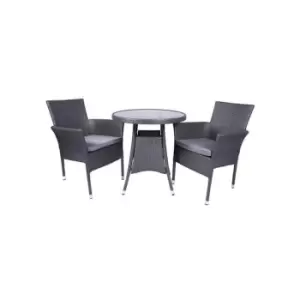 MALAGA 2 Seater Stacking Bistro Set 70cm Round Table with Black Glass Top, 2 Stacking Nest Base Chairs including Cushions