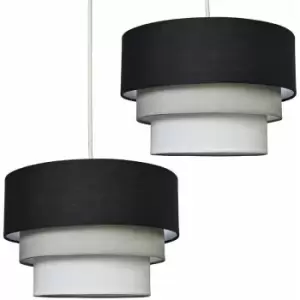 2 x Round 3 Tier Black, Grey & White Fabric Ceiling Pendant Lamp Light Shades