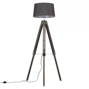 Clipper Light Wood Tripod Floor Lamp with Dark Grey Doretta Shade