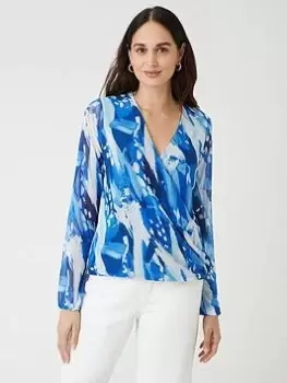 Wallis Abstract Long Sleeve Wrap Top - Blue Size L, Women