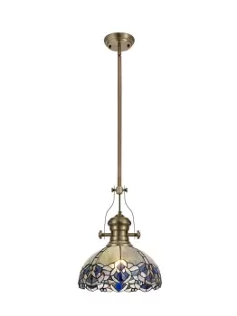 1 Light Telescopic Ceiling Pendant E27 With 30cm Tiffany Shade, Antique Brass, Blue, Clear Crystal