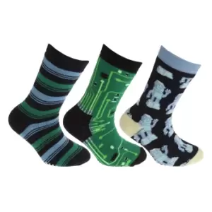 FLOSO Childrens/Kids Retro Gripper Socks (3 Pairs) (UK Child 12-3.5 (EU 31-35)) (Green/Navy)