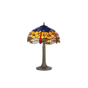 2 Light Tree Like Table Lamp E27 With 40cm Tiffany Shade, Blue, Orange, Crystal, Aged Antique Brass