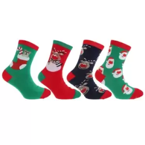 FLOSO Childrens/Kids Christmas Character Novelty Socks (Pack Of 4) (UK Shoe 4-6 , Euro 37-39 (Age: 13 + years)) (Navy/Green/Red)