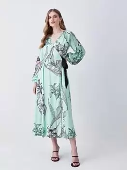 Karen Millen Floral Satin Wrap Midi Dress - Green, Multi, Size 10, Women
