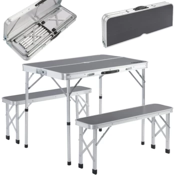 Portable Aluminium Camping Table & 2 Folding Benches with Case Feature White Grey Grey