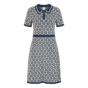 Yumi Blue Daisy Knitted Dress With Zip Collar - Blue