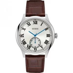 GUESS Gents silver watch with white dial and brown leather strap.