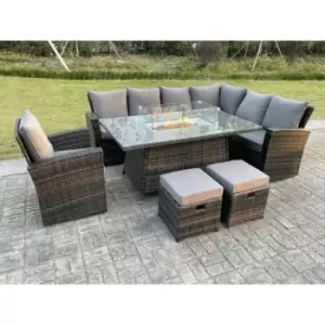 Fimous - High Back Rattan Garden Furniture Sets Gas Fire Pit Dining Table Gas Heater Set Right Corner Sofa Small Footstools Chair 9 Seater