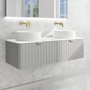 1200mm Grey Wall Hung Countertop Double Vanity Unit with Basins and Brass Handles - Empire