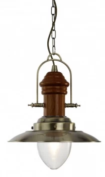 1 Light Dome Ceiling Pendant Antique Brass, Wood, Clear Glass, E27
