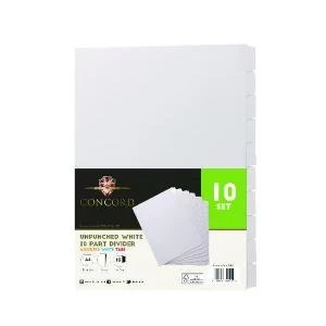 Concord Unpunched Divider 10-Part A4 150gsm White Pack of 10 75801