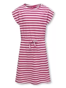 Only Kids Girls May Short Sleeve Stripe Jersey Dress - Very Berry/Cloud Dancer, Dark Pink, Size 9-10 Years, Women