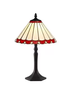 1 Light Octagonal Table Lamp E27 With 30cm Tiffany Shade, Red, Crystal, Aged Antique Brass