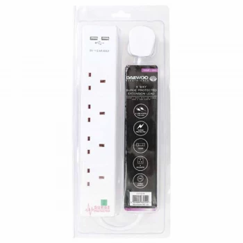 Daewoo 4-Way 2m Extension Lead with Surge Protection - White