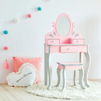 Fantasy Fields Rapunzel Kids Dressing Tables Vanity Table With Mirror & Stool Pink & Grey TD-12851A - Pink / Grey