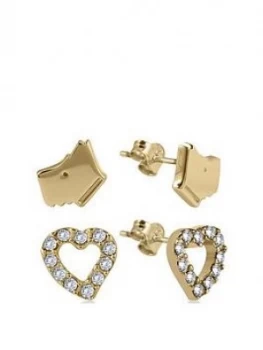 Radley 18K Gold Plated Sterling Silver Dog And Crystal Set Heart Ladies Earrings Set