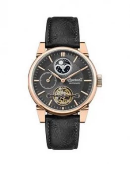 Ingersoll Ingersoll The Swing Grey And Rose Gold Detail Skeleton Eye Moonphase Automatic Dial Black Leather Strap Watch
