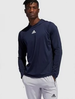Adidas 3 Stripe Long Sleeve Hooded T-Shirt - Navy, Size XL, Men