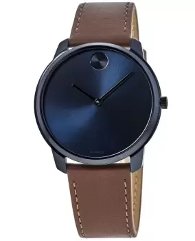 Movado Bold Blue Dial Brown Leather Strap Mens Watch 3600585 3600585
