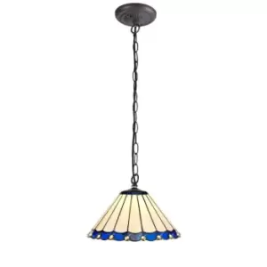 1 Light Downlighter Ceiling Pendant E27 With 30cm Tiffany Shade, Blue, Crystal, Aged Antique Brass - Luminosa Lighting