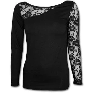 Gothic Elegance Lace One Shoulder Womens Large Long Sleeve Top - Black