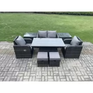 Fimous - 6 Seater Rattan Outdoor Furniture Garden Dining Set Patio Height Adjustable Rising lifting Table Love Sofa Chair With 2 Side Tables Stools