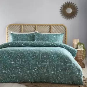 Charlotte Thomas Celestial Green Duvet Cover Set Sun, Moon and Stars Bedding Dark Green Bed Lining with Pillowcases King - Green