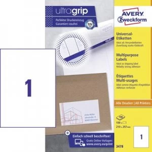 Avery-Zweckform 3478 Labels 210 x 297mm Paper White 100 pcs Permanent All-purpose labels Inkjet, Laser, Copier 100 Sheet A4