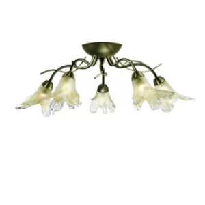 Lily 5 Light Semi Flush Multi Arm Ceiling Light Antique Brass and Glass, G9
