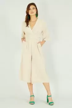 Beige Kimono Style Jumpsuit With Tie Waist and Pockets