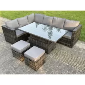 8 Seat Dark Mixed Grey Rattan Garden Furniture Corner Sofa Set Adjustable Dining Or Coffee Table Left Side - Fimous