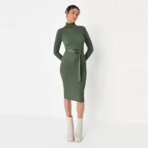 Missguided Belted Roll Neck Ribbed Midi Dress - Green