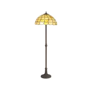 2 Light Leaf Design Floor Lamp E27 With 40cm Tiffany Shade, Beige, Clear Crystal, Aged Antique Brass