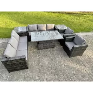 8 Seater Outdoor Rattan Garden Furniture Adjustable Rising Lifting Table Armchairs Dark Grey Mixed - Fimous