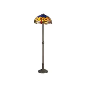 2 Light Leaf Design Floor Lamp E27 With 40cm Tiffany Shade, Blue, Orange, Crystal, Aged Antique Brass
