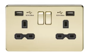 KnightsBridge 2G 13A Screwless Polished Brass 2G Switched Socket with Dual 5V USB Charger Ports - Black Insert