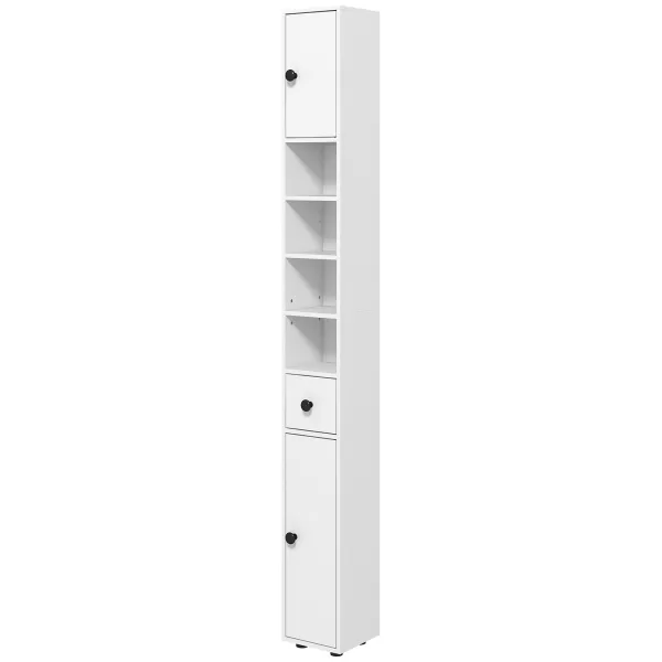 Kleankin 180cm Tall Slim Bathroom Cabinet, Narrow Toilet Roll Storage w/ Open Shelves, 2 Door Cabinets, Adjustable Shelves, for Kitchen, White