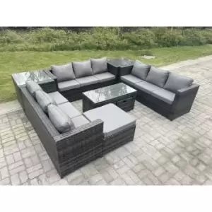 Fimous - Outdoor Rattan Garden Furniture Lounge Sofa Set With Oblong Rectagular Coffee Table Big Footstool and 2 Small Stools 2 Side Table