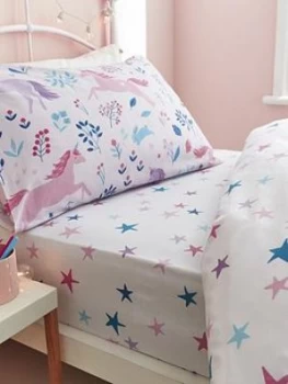 Bianca Cottonsoft Woodland Unicorn and Stars Cotton Fitted Sheet, Pink, Size Single