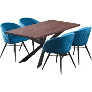 5 Pieces Life Interiors Vittorio Duke Dining Set - a Walnut Rectangular Dining Table and Set of 4 Blue Dining Chairs - Blue
