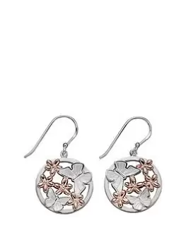 The Love Silver Collection Silver Butterfly And Rose Gold Flowers Domed Profile Drop Earrings