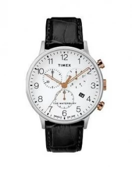 Timex Timex Waterbury White With Silver And Gold Detail Chronograph Dial Black Leather Strap Watch