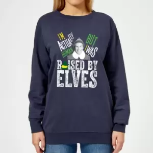 Elf Raised By Elves Womens Christmas Jumper - Navy - XXL