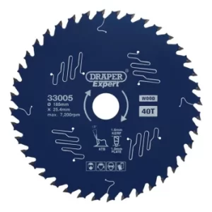 Draper Expert TCT Circular Saw Blade for Wood with PTFE Coating, 185 x 25.4mm, 40T