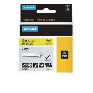 Dymo Rhino Coloured Vinyl Labels Black on Yellow 19mmx5.5m 18433