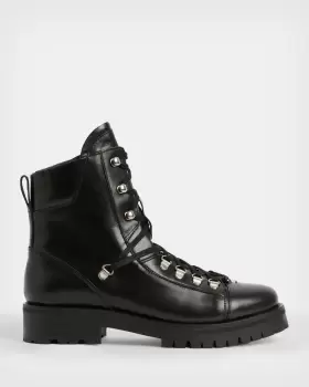AllSaints Womens Leather Franka Round Toe Hiking Boots, Black, Size: UK 6